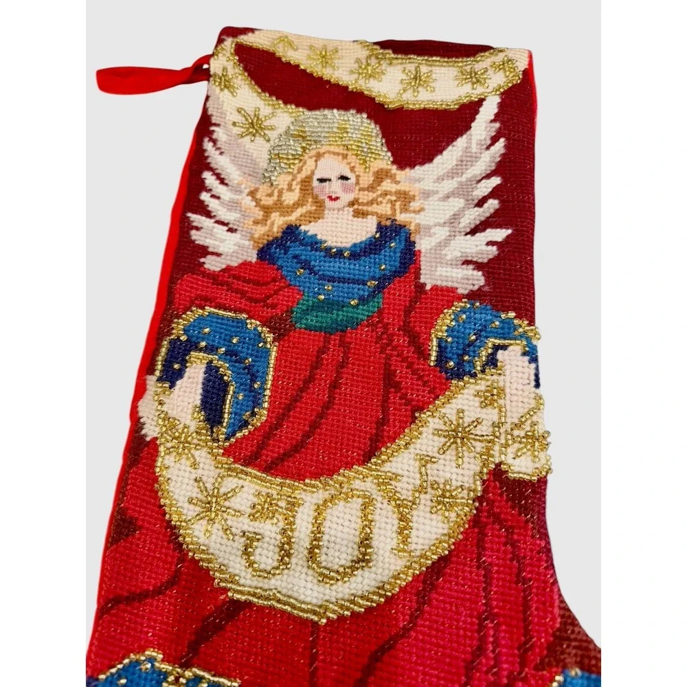 Vtg Needlepoint Christmas Stocking Angel Beaded‎ Victorian Joy Red Velveteen
